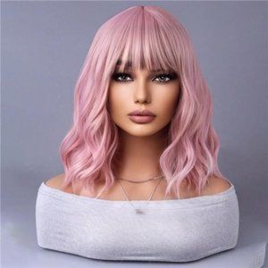 Synthetic Wig with Bangs Short Pink